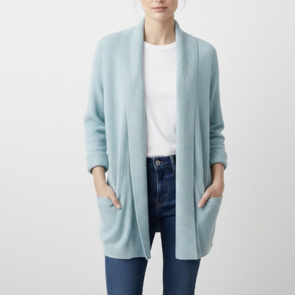 LL Bean Aqua Lightweight Open‎ Front Cardigan Sweater Size MEDIUM Pockets